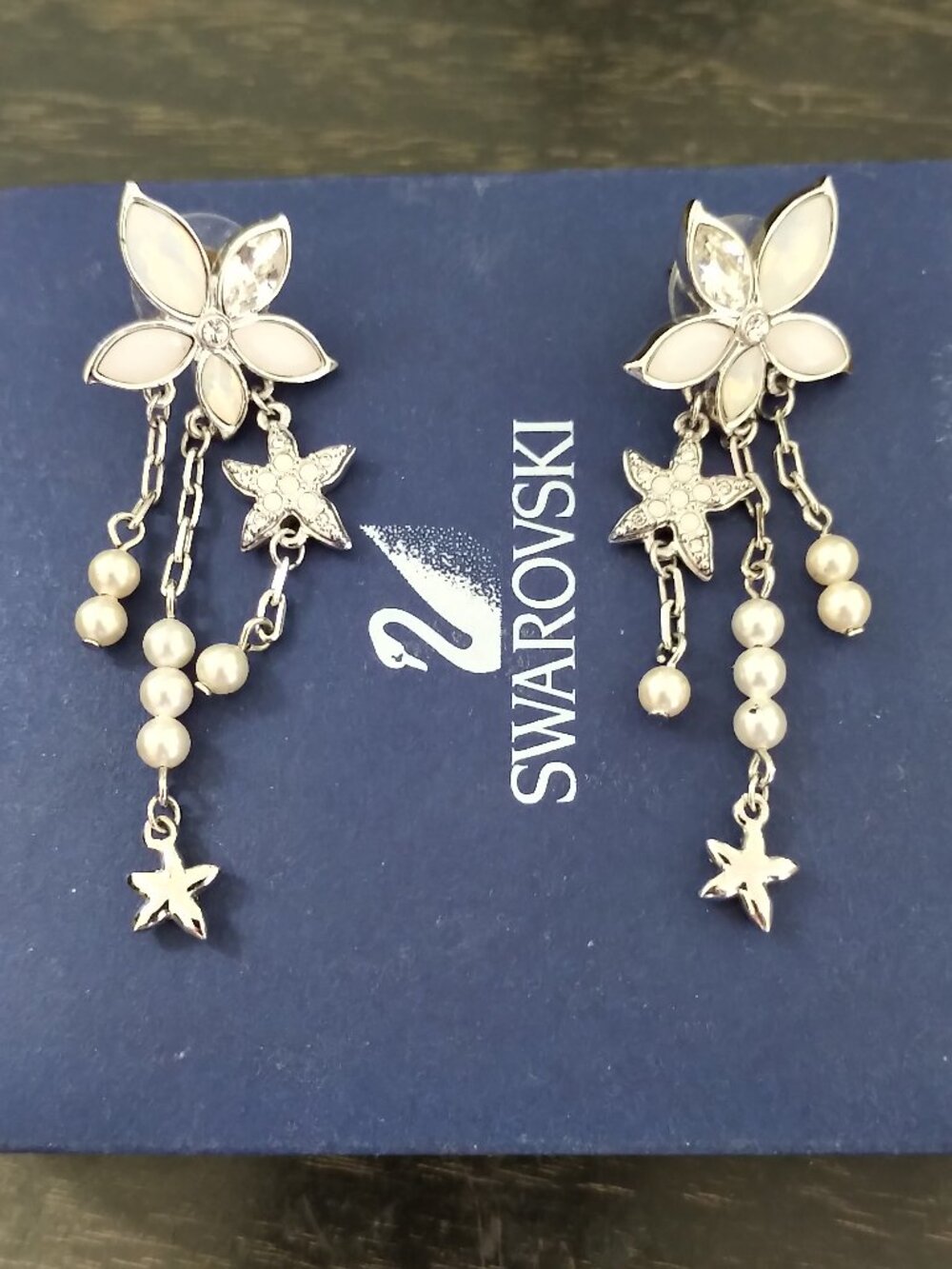 Swarovski Flower and Pearl Dangle Earrings